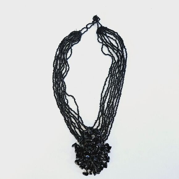 Vintage Seed Beaded Multi Strand Cluster Black Onyx Statement Collar Necklace - Picture 9 of 10